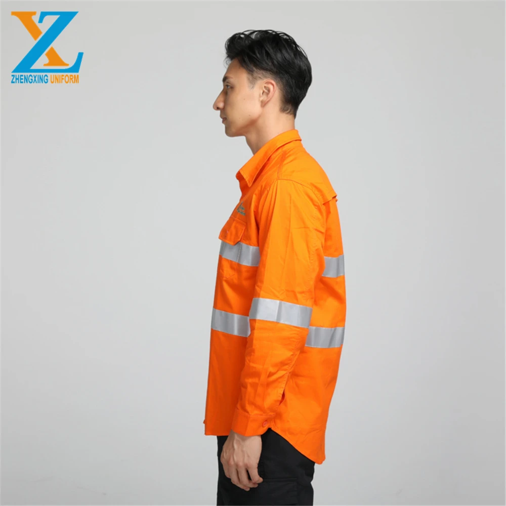 men long sleeve full buttons fluorescence orange embroider print logo reflective work hi vis shirt