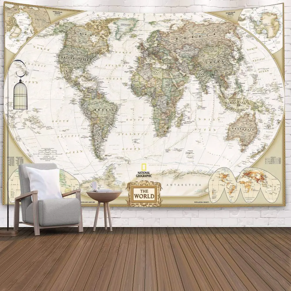 World Map Tapestry High-Definition Map Fabric Wall Hanging Decor Watercolor Map Letter Polyester Table Cover