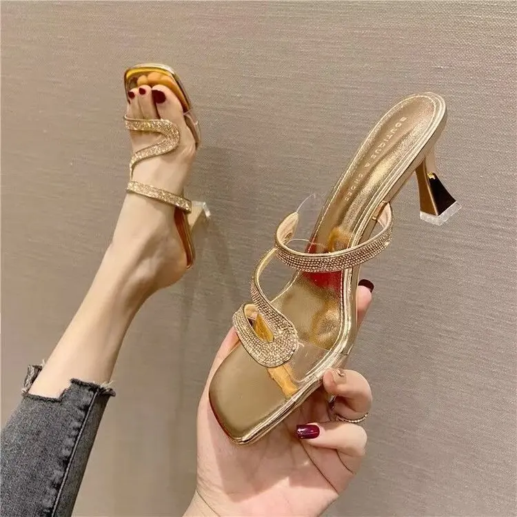 Large Summer New Square Headed High Heels B009 Water Diamond Fish Mouth Slim Heel Sandals