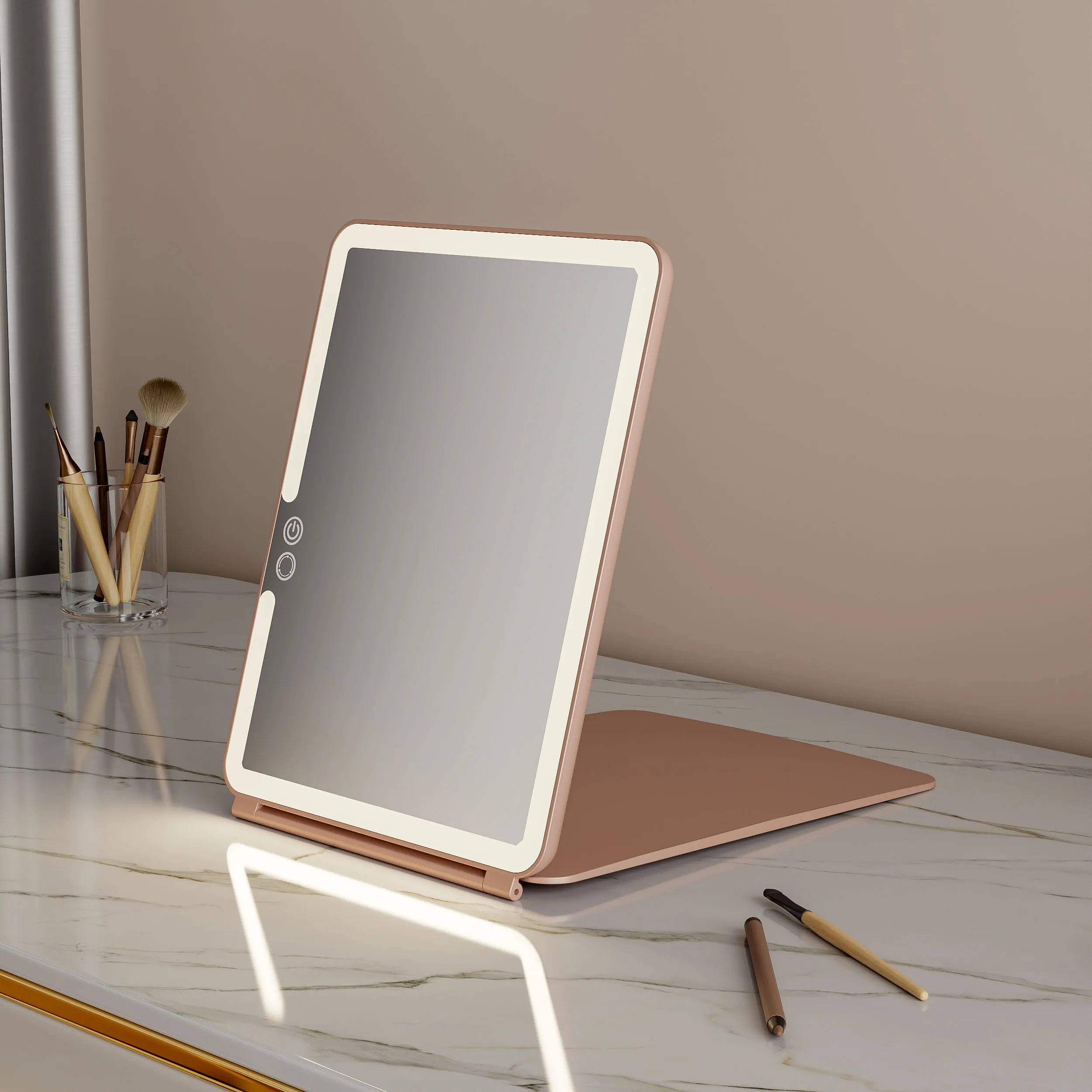 Touch Screen Dimming Square Portable Lighted Rose Gold Cosmetic With Led Light Rechargeable Travel Make Up Folding Makeup Mirror