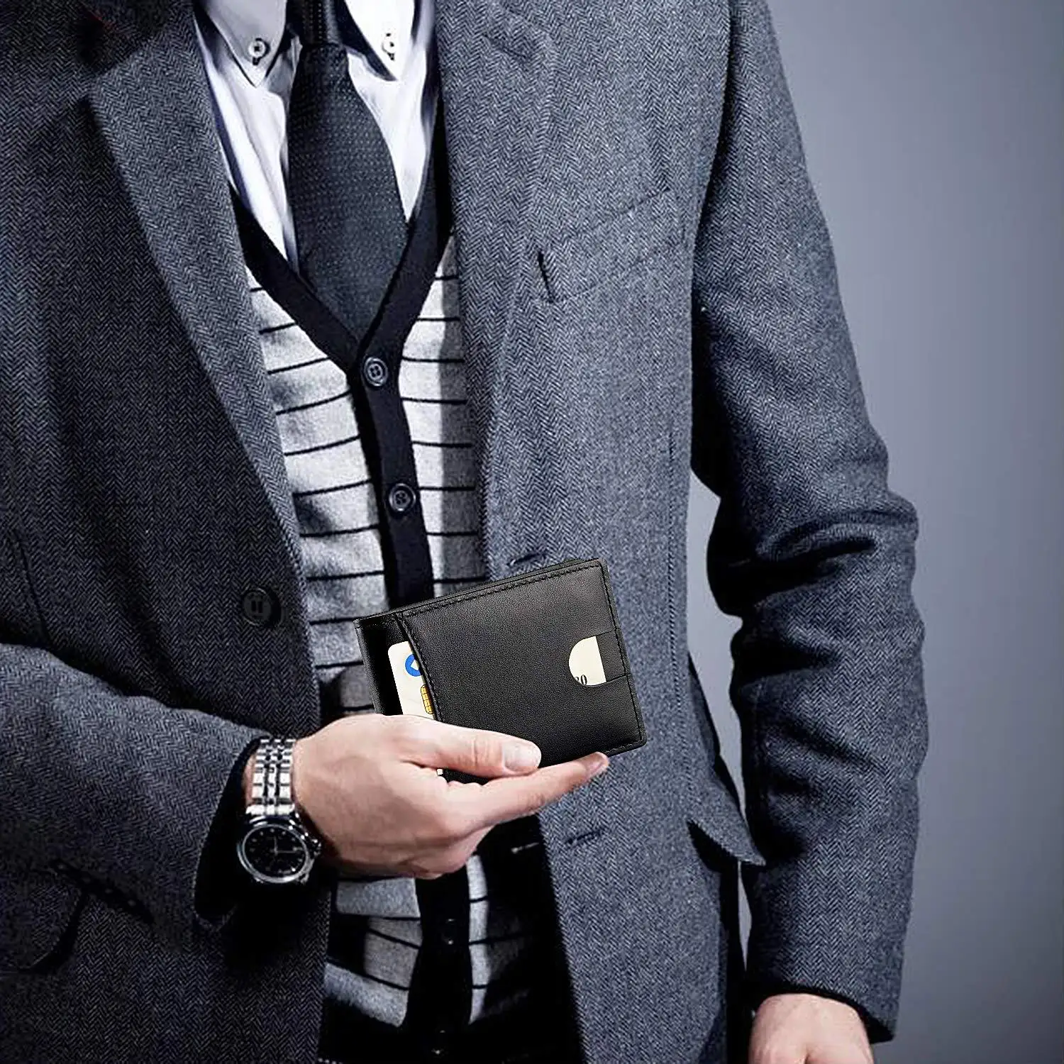 RFID Blocking Wallet Genuine Leather Business Dollar Money Clip ID Card Sleeve Luxury Designer Coin Purse Men Credit Card Holder