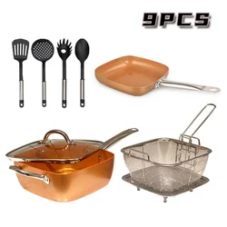 9pcs/set Non stick cookware set with Ceramic Coating 9.5 Inch Aluminum Square Frying Pan with Induction Bottom