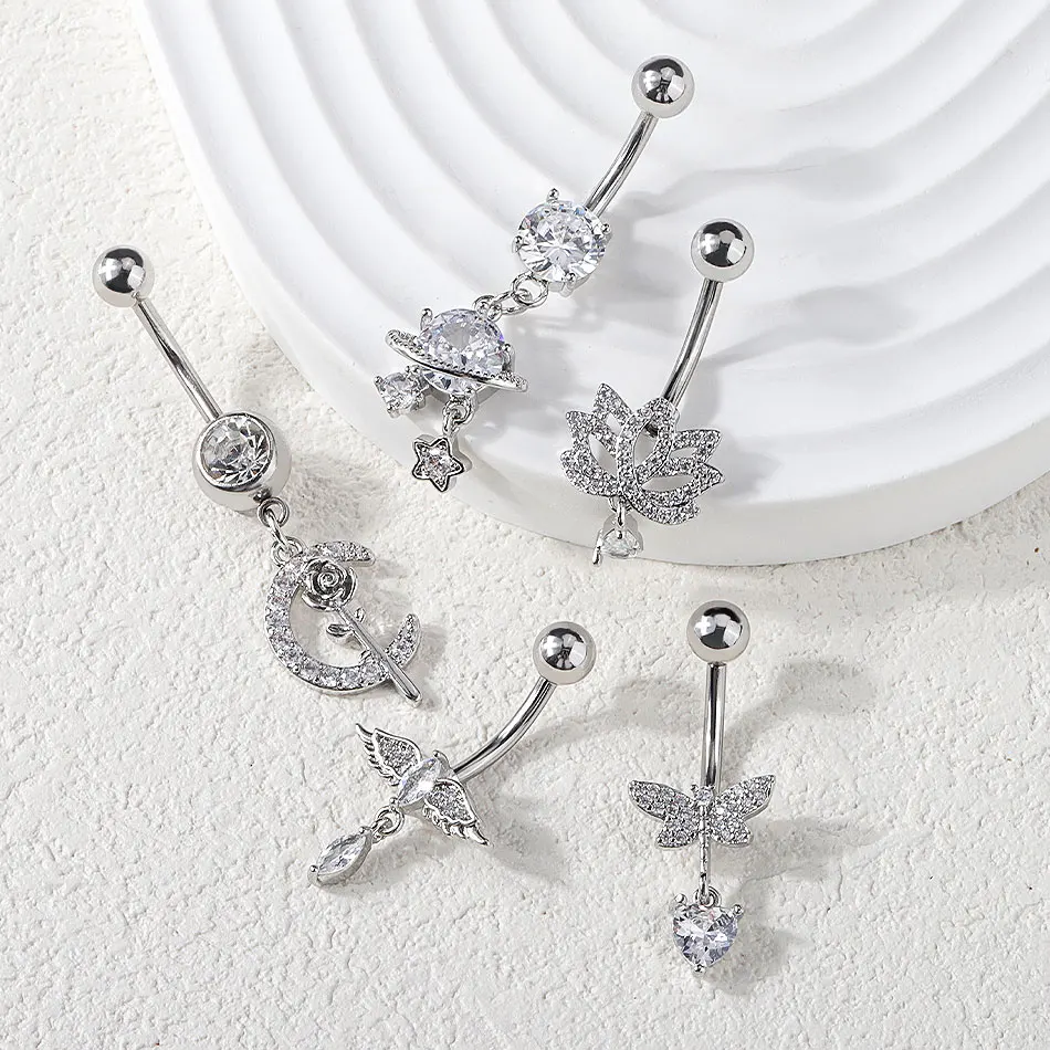 Surgical Steel Externally Threaded Flower Crystal Belly Button Ring 14G Navel Dangle Ring Studs Body Piercing