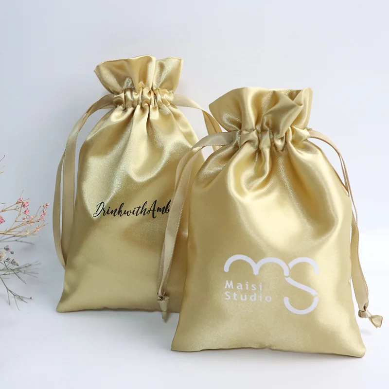 Personalized soft drawstrings satin pouch for cosmetic package, custom gold logo print black hair package dust bag