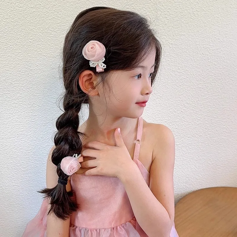 Korean Princess style Baby sweet side flower broken hair pair with girl pearl bow pink mesh rose hair clip