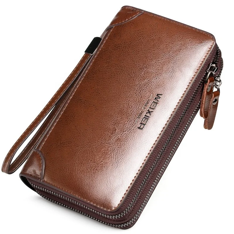 Multifunctional luxury soft PU leather double zipper new brands wrist travel clutch long phone wallet men