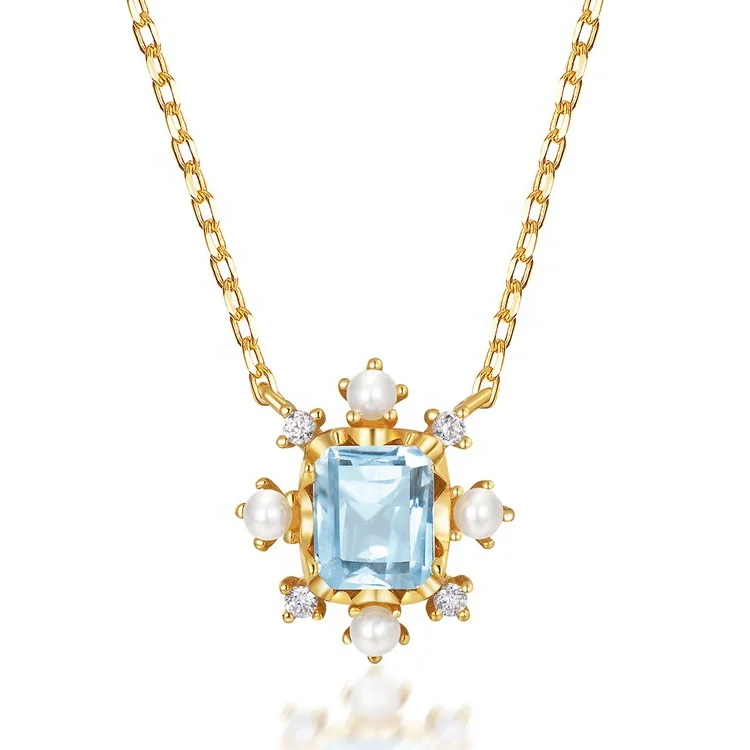 Wholesale custom sky blue topaz necklace jewelry trend gold plating necklace with zircon pendant