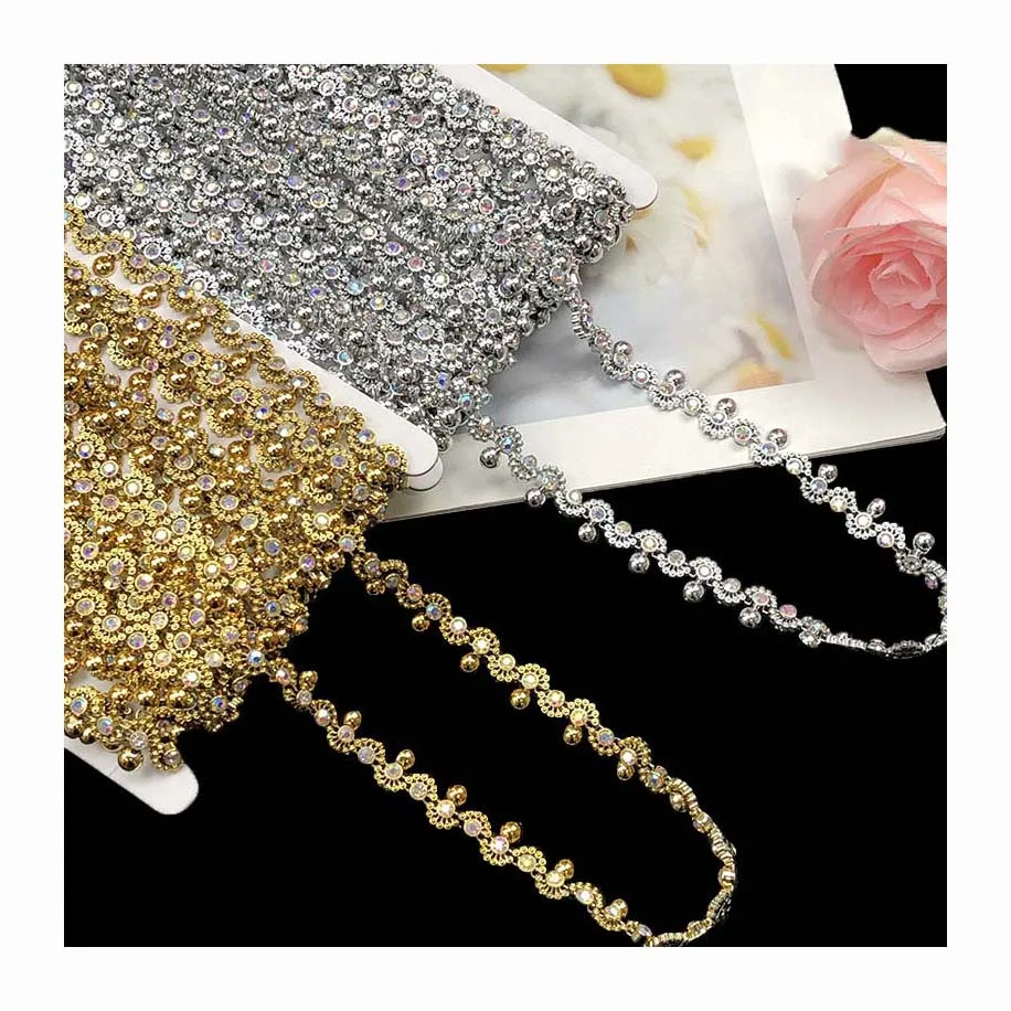gold silver acrylic rhinestone plastic trims diy ethnic garment costume decorative crystal stone chain wedding dress lace fabric