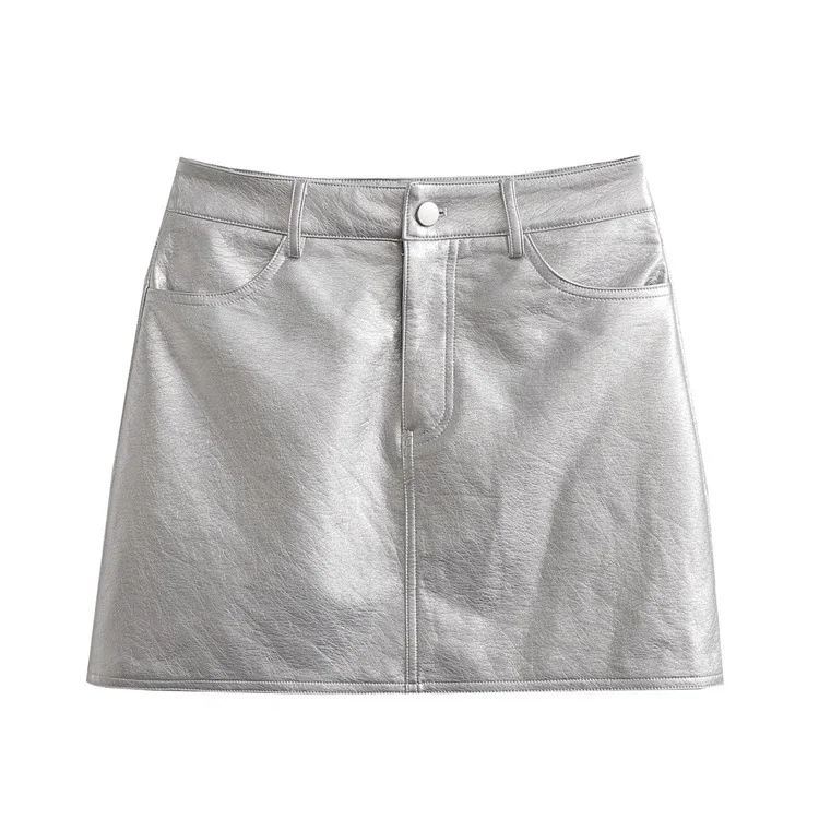 French Silver PU Mini Skirts Sexy High Waist Hip Skirt Chic Retro Short A-Line hip mini skirts women sexy
