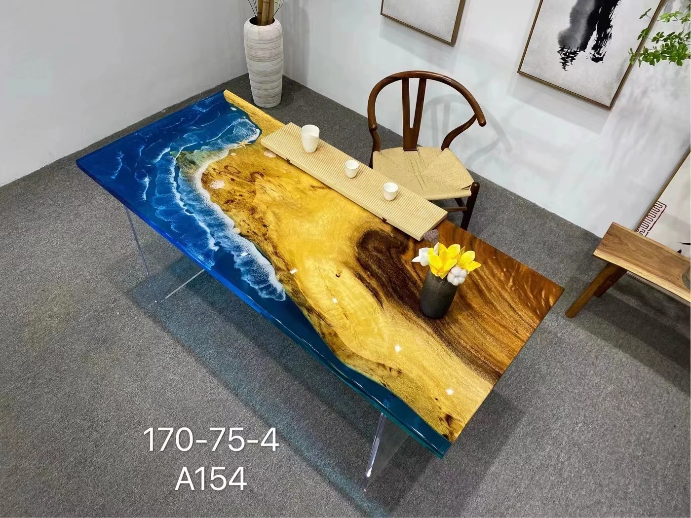Luxury Solidwood Revier Resin Design  Customized Dining Table Solid Walnut Wood Ocean Epoxy Resin Coffee Table