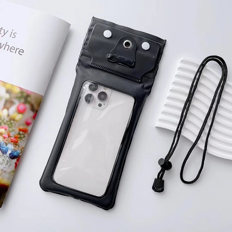 Airbag Design Magic Tape Touchscreen Triple Folding Neck Pouch swimming floating pvc waterproof phone bags with lanyard