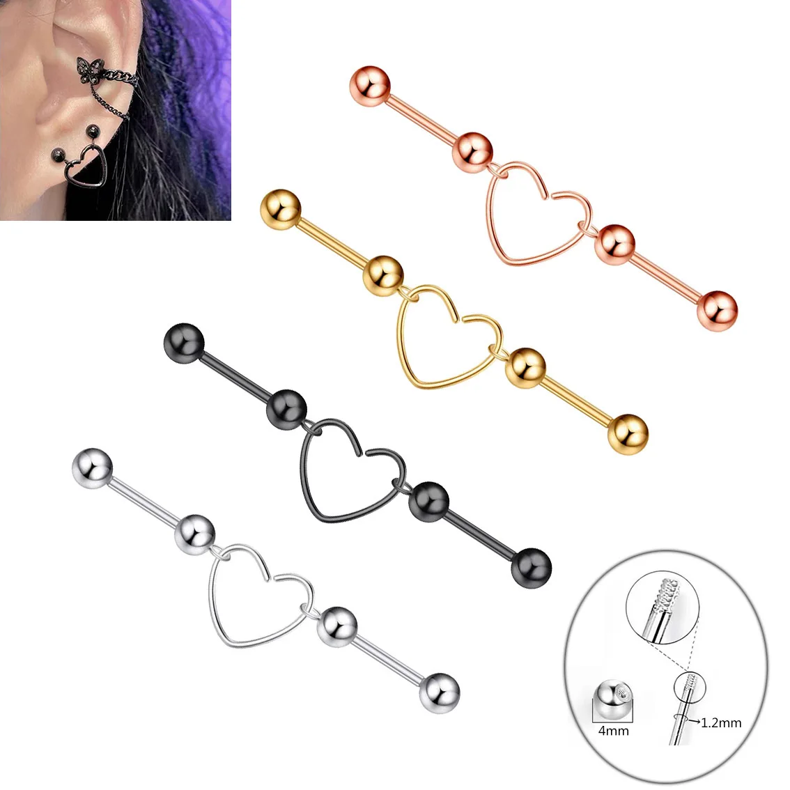 Hot Sale Stainless Steel Love Heart Ear Bone Nail Earrings Double Ear Hole Piercing Hollow Peach Heart Shape Charm Earring