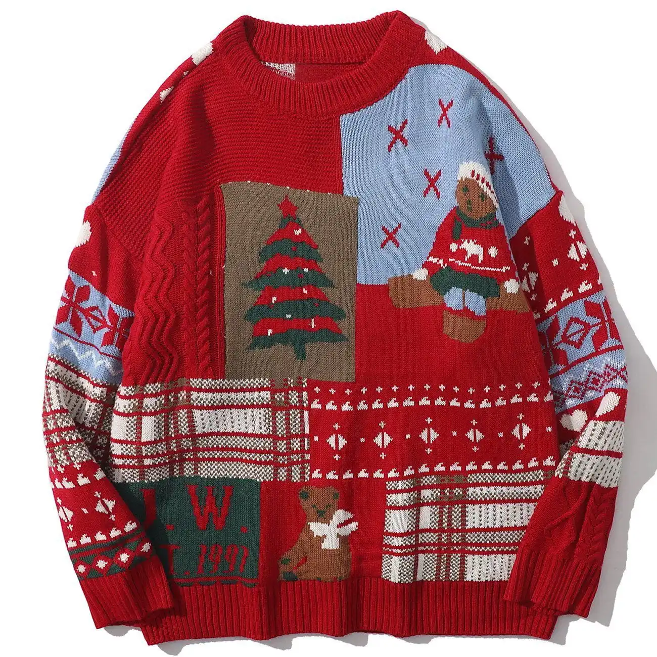 Customized Sample & LOGO Winter Christmas Patchwork Animal Bear Jacquard Knit Crew Neck Pullover Sweater