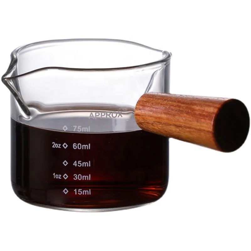 Wholesale Transparent Measuring Jug Double Mouth Milk Cup Glass Measuring Cups With Wooden Handle