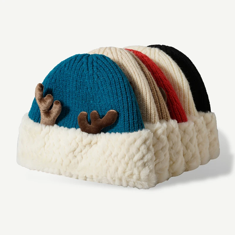 Christmas Knitted Antler Hat Winter Crochet Knit Cap Cute Reindeer Antlers Knitted Hat