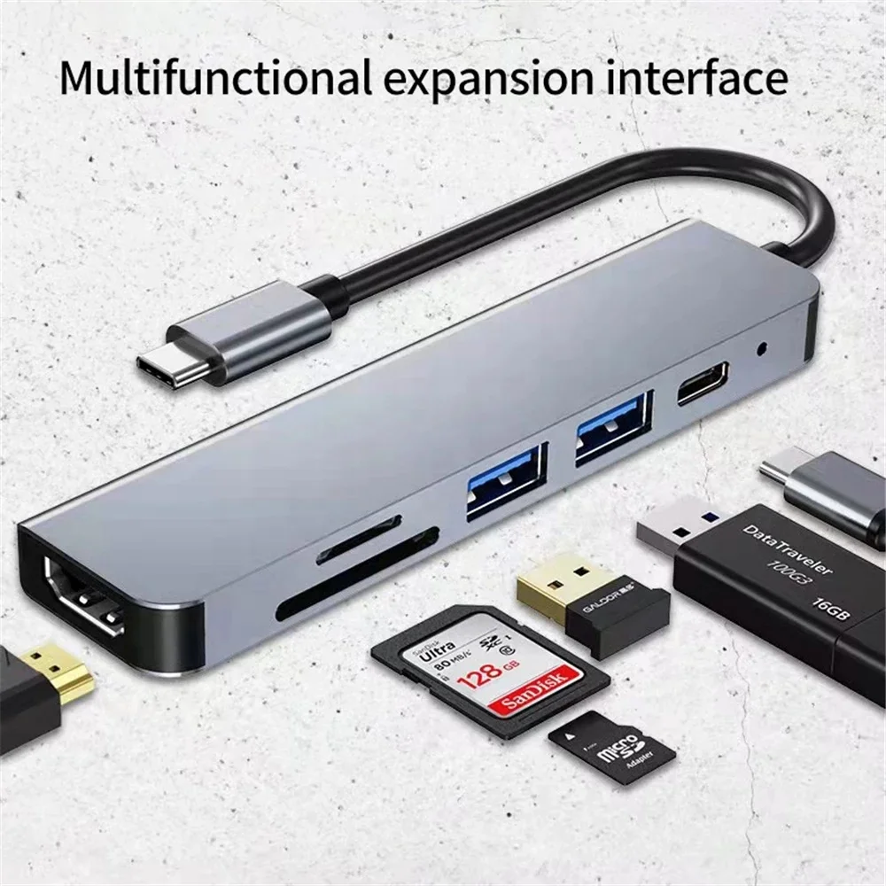 6 in1 USB Type C Hub Adapter with 4K HDMI Multiport Card Reader USB3.0 TF PD SD Reader All In One For PC Computer Accessories