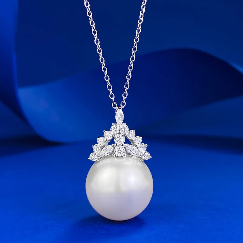 Europe And America New S925 Silver Zirconia Jewelry, Crown Design 16mm Pearl Necklace Pendant Female Daily Fashion