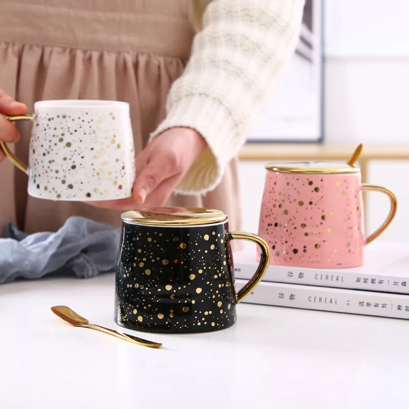 320ml Nordic ins Creative Starry Sky Ceramic Mug Coffee With Lid Spoon Office Home White black Pink Golden Handle Milk Gift Cup