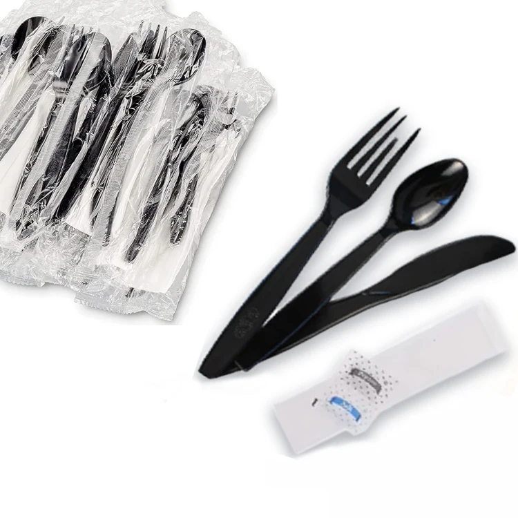 Wholesale Airline Disposable Meal Cutlery Kits Plastic Spoon Fork and Napkin Plastic clear Wrapped Cutlery Sets