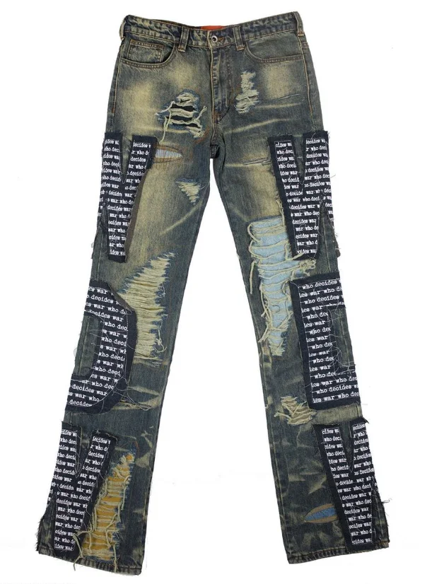 manufacturer fashionable heavyweight vintage faded wash raw hem frayed high quality flared denim jeans men custom stacked jeans