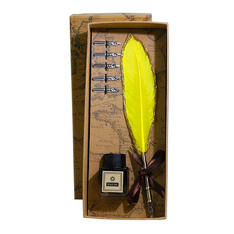Gold Calligraphy Pen Vintage Antique Feather Pen Set