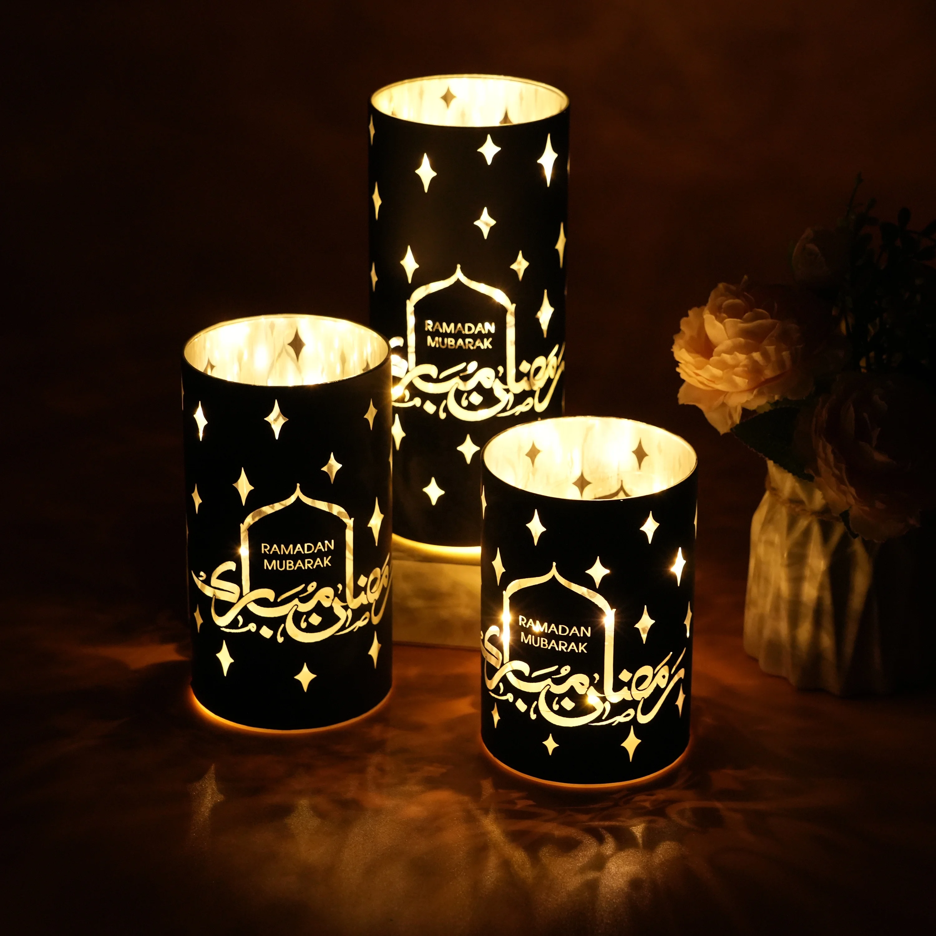 Foryoudecor Ramadan cordless black metal table lamps 3AAA batteries operated LED light candle holder