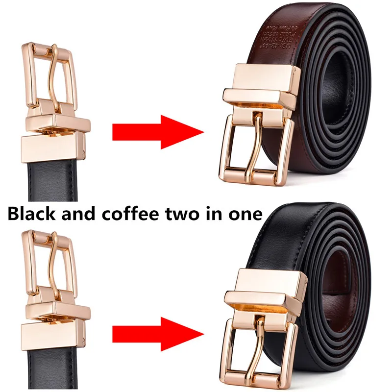 Female Belt Gold Buckle New Design 2.8CM black and Coffee Reversible Genuine Leather Belts for Women with Rotated Buckle