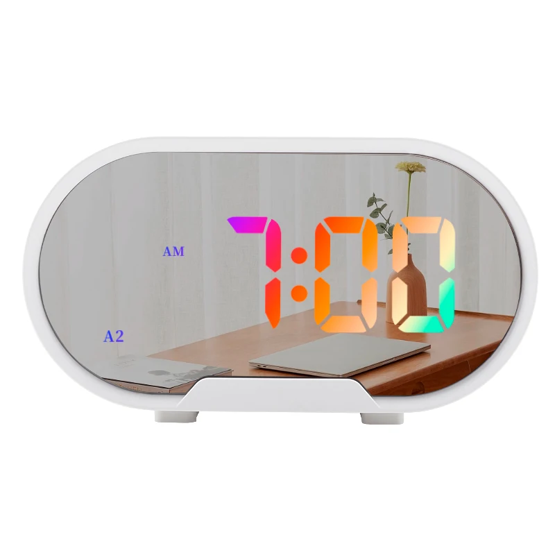 Digital Alarm Clock Led Clock Mirror 2 USB Ports With RGB Color Changing Display Time and 2 Group of Alarms Mirror Alarm Clock