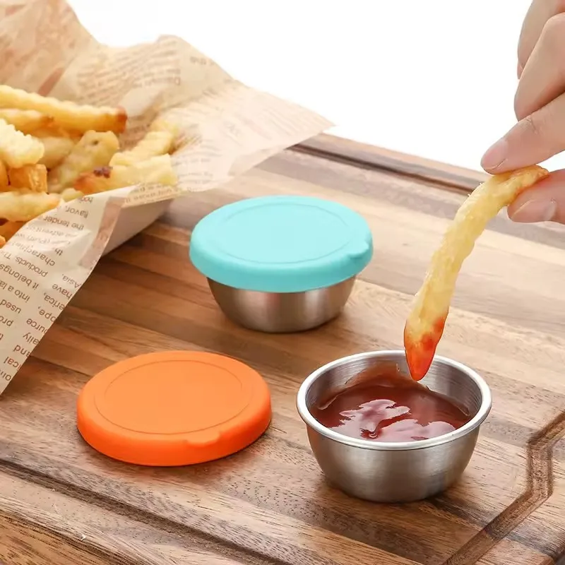 304 stainless steel round shape sauce seasoning flavor plate dipping dish tray jam dish plate snack nut fruit plate with lid