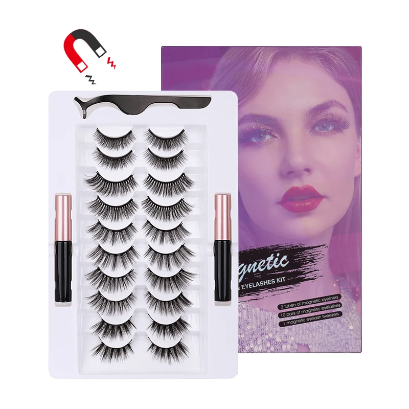 Factory Sale Pestanas 10 Pairs Luxury Magnetics Eyelashes with Eyelash Tweezer and Magnetic Eyelashes Eyeliner Set
