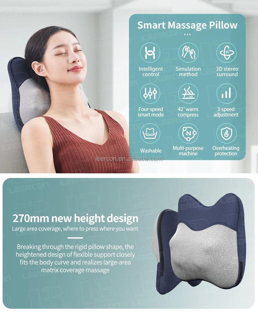 Leercon smart waist square shiatsu travel wireless deep kneading throw pillow back u-shape travel neck massager pillow