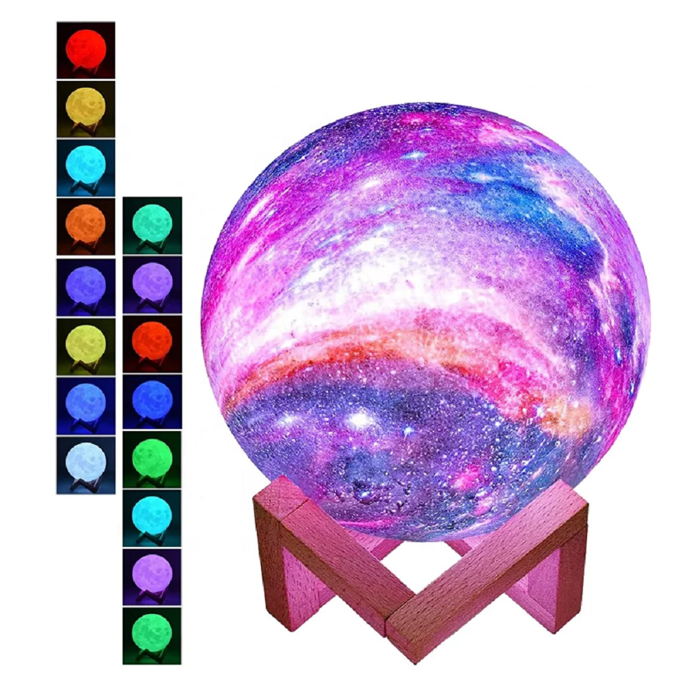 Remote & Touch Control 16 Colors Wooden Stand USB Rechargeable 3D LED Moon Kids Night Light