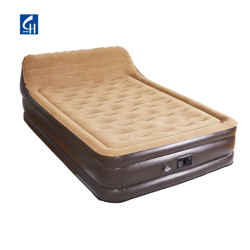Wave-Beam Double Raised Queen Air Bed Thick PVC Soft Flocked Modern Foldable Inflatable Mattress with Comfortable Backrest