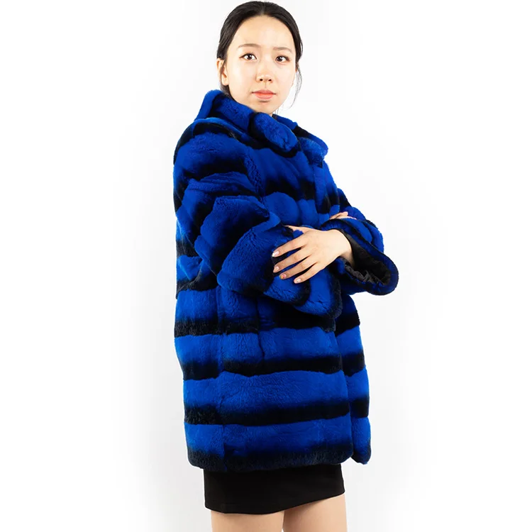 blue color chinchilla fur coat women winter genuine rex rabbit fur coat