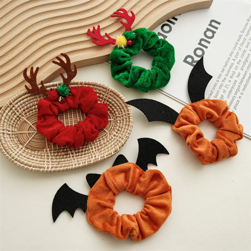 Halloween Scrunchies Orange Hair Bands  Hair Accessories Pumpkin Scrunchies Bat Demon Spider Web Hair Ties for Women