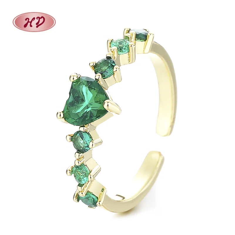 Fashion Ladies oclor Jewelry Green Zircon 18K Brass Gold-Plated Women Heart Shaped Rings With Online Ring Store
