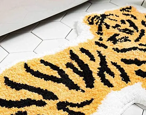 Cute Soft Tiger Shaped Animals Bath Mat Area Rug for Bedroom Bathroom Kitchen Floor Water Absorption Non-Slip Small Carpet
