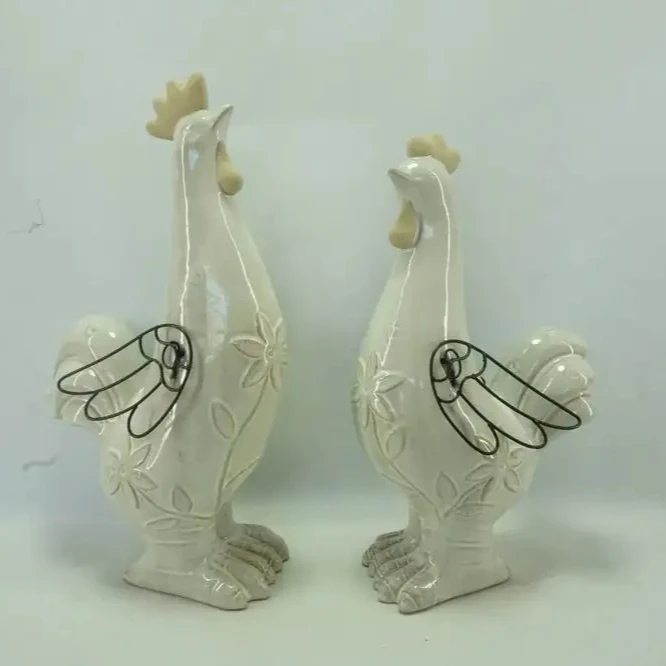 Pristine White Ceramic Cock Pair, Ornate Tail Feather Design, Kitchen Adornment