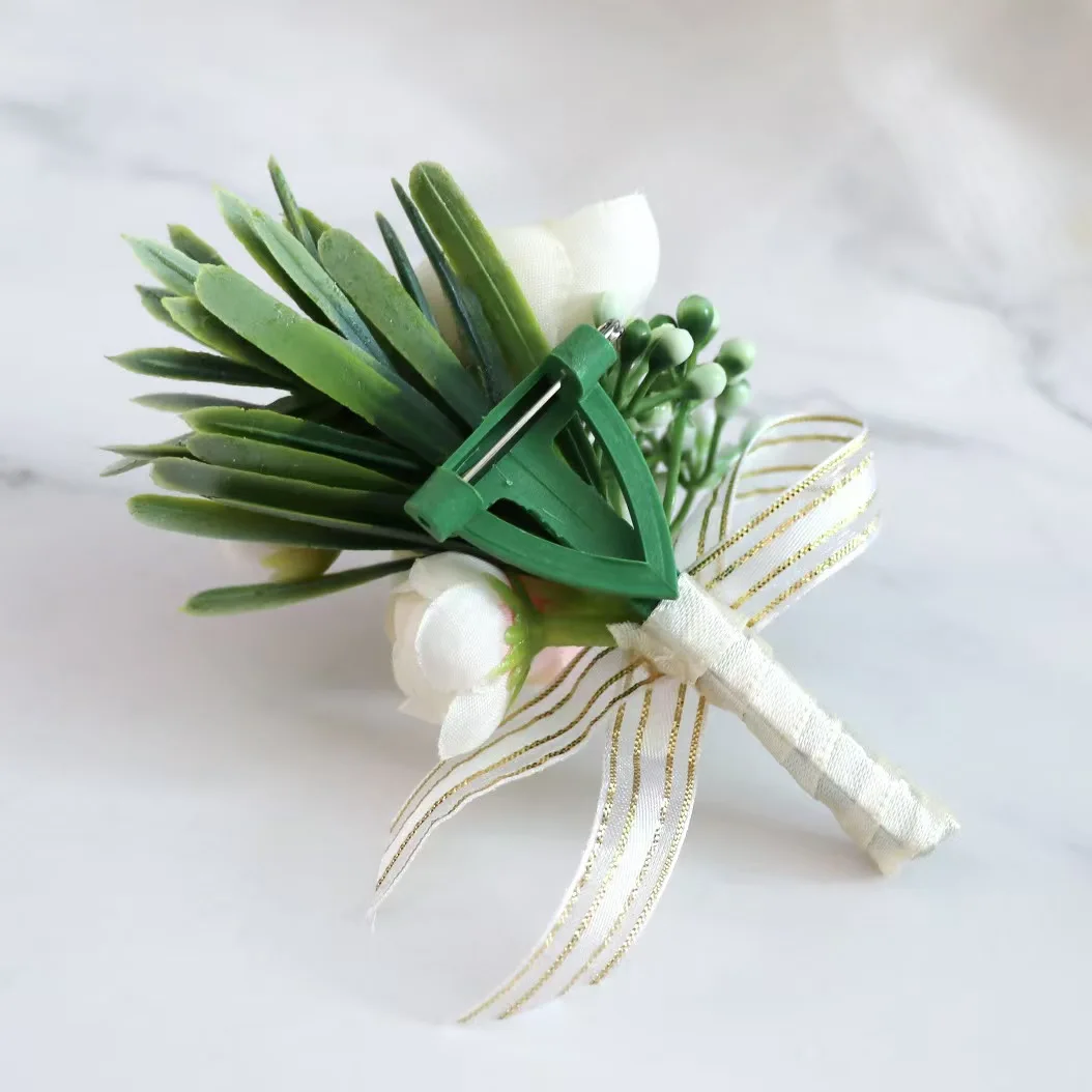 Men Corsage Flower 2 Heads Artificial White Rose Groom Chest Boutonniere For Home Wedding Engagement Decorative Graduation