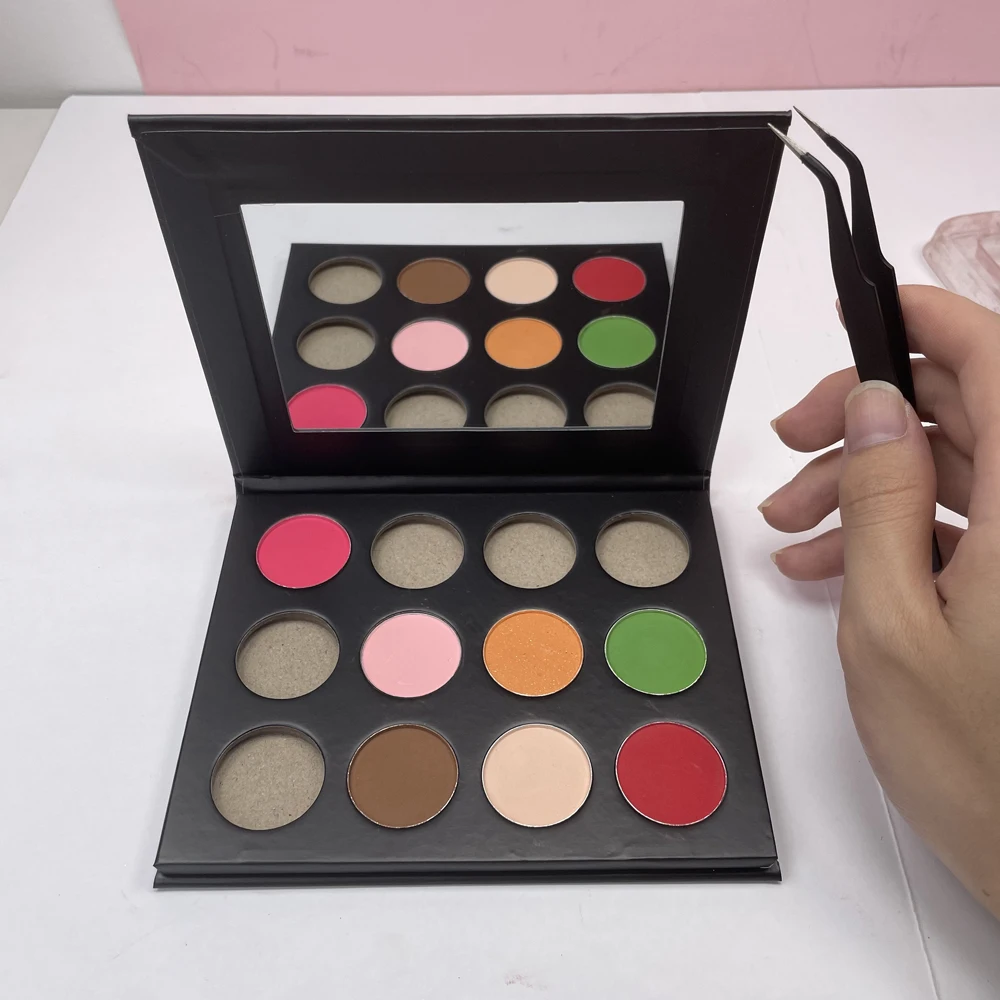 custom logo organic vegan makeup palletes 12 color black eyeshadow palette private label