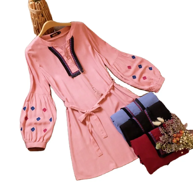 New Arrival Bohemian Style Women Solid Color Casual Linen Fabric Long Sleeve Loose Elegant Dress With Embroidered