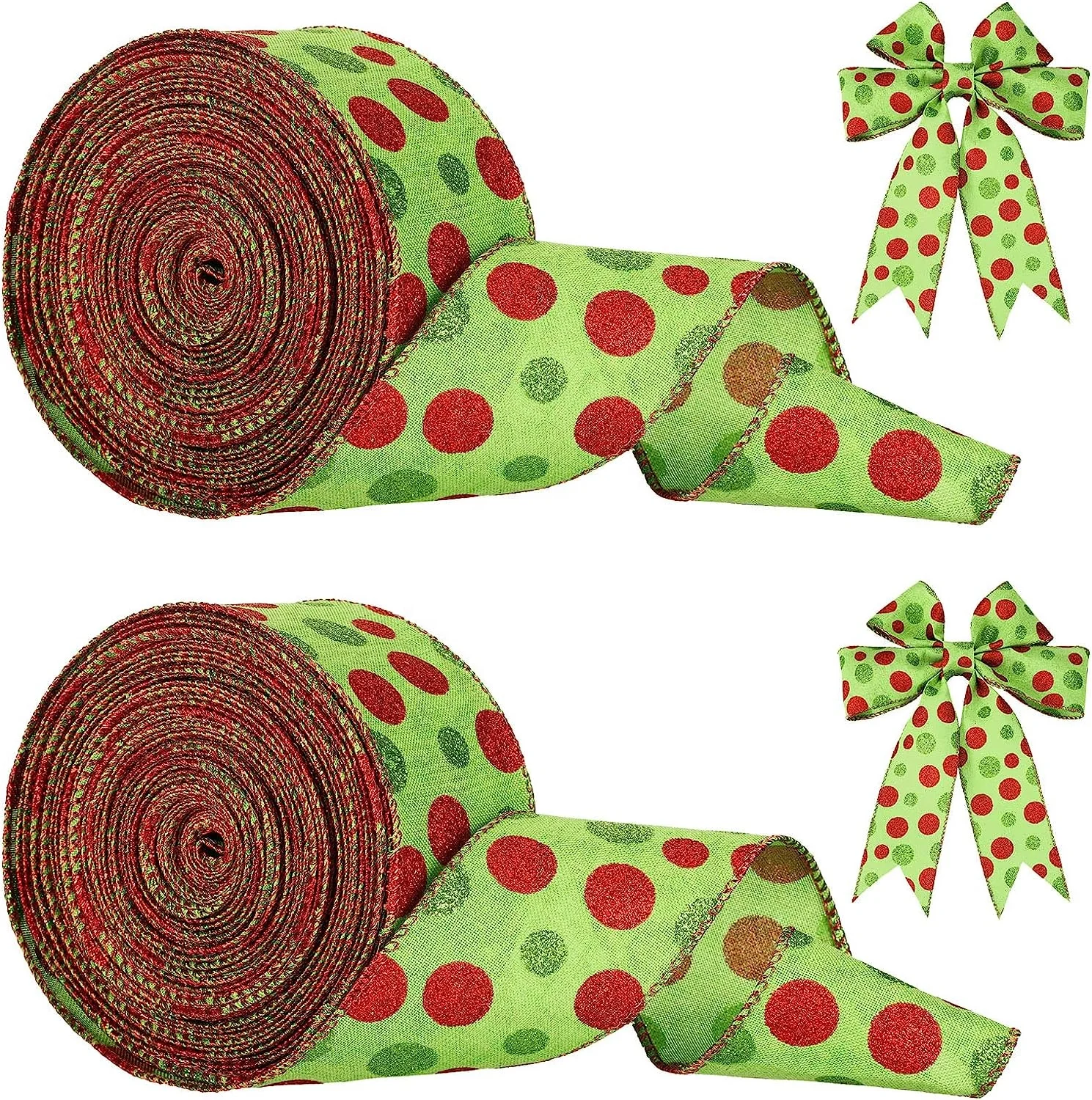 OKAY Christmas Glitter Green Red Polka Dot Printed  Wired Edge Burlap Decorative Ribbons for DIY Craft Bows
