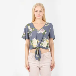 Women Chiffon Summer V Neck Flare Short Sleeve Front Tie Casual Top Blouses for Ladies