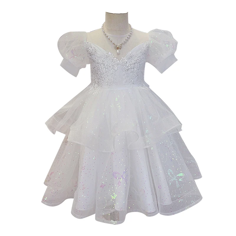 Оптовая продажа, детское летнее шифоновое платье с короткими рукавами и блестками