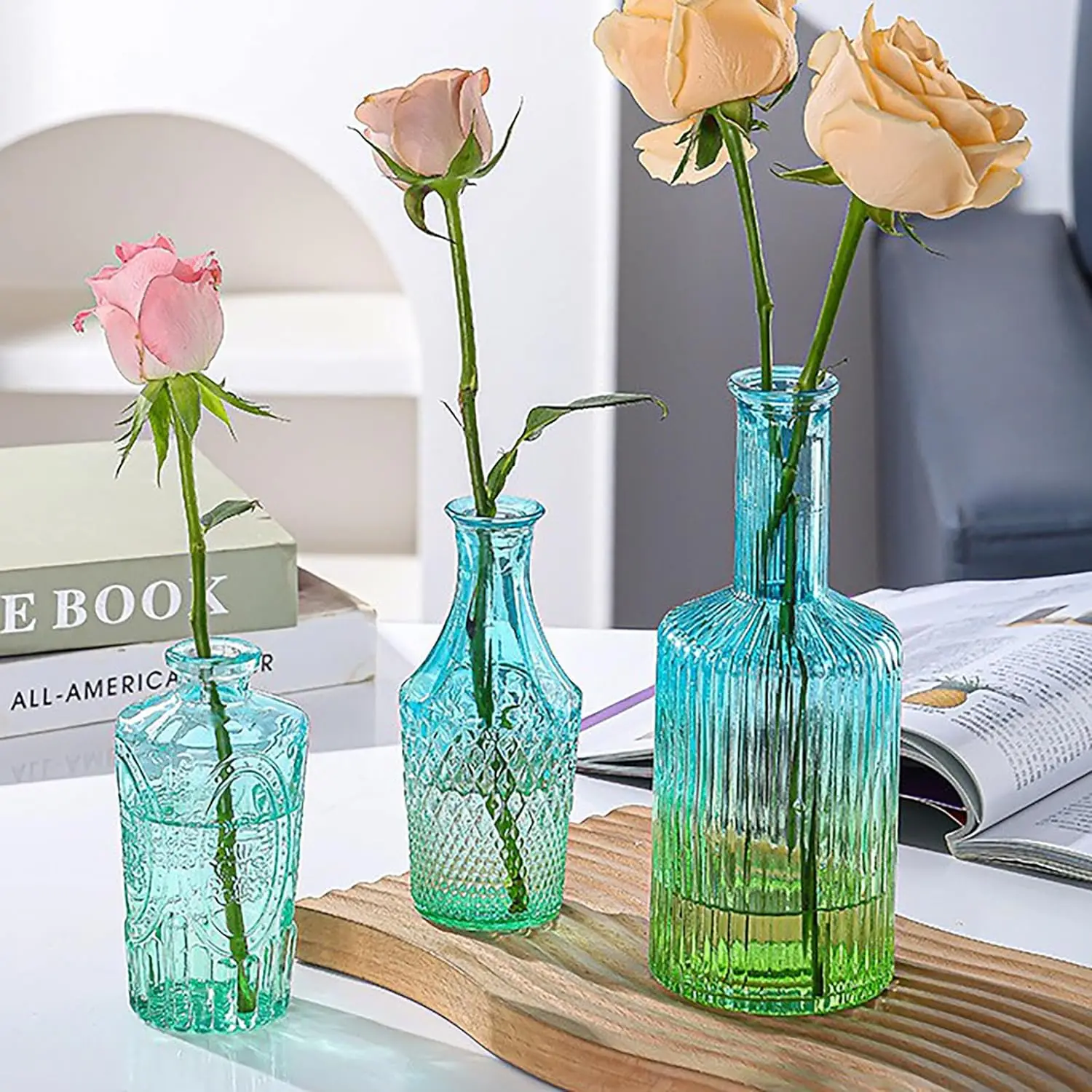 Colorful Modern Fluted Ribbed Textured Mini Bottles Vases for Window Sill Desk Decor Floral Arrangements