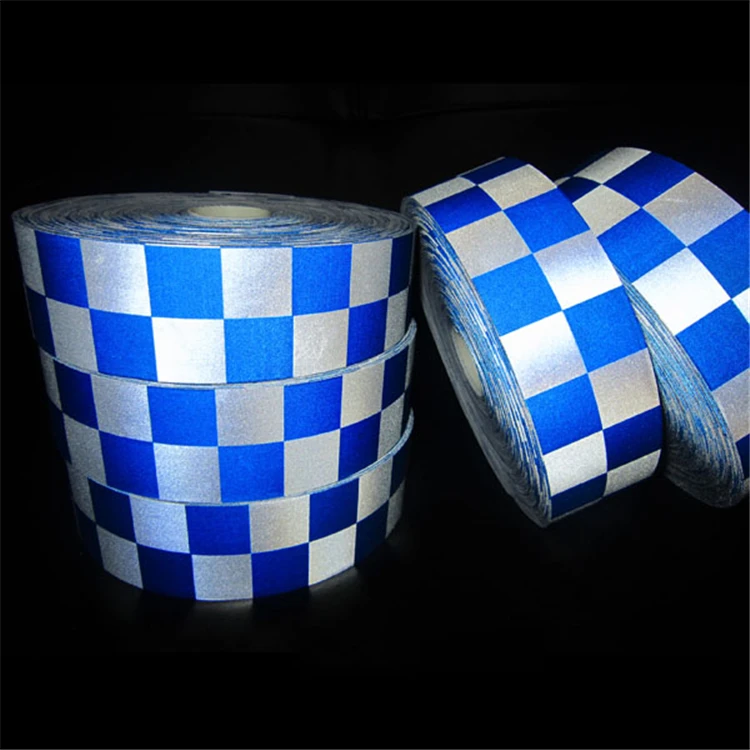 Custom Glow in the Dark Sew on Warning Polyester Blue White Reflective Checker Tape