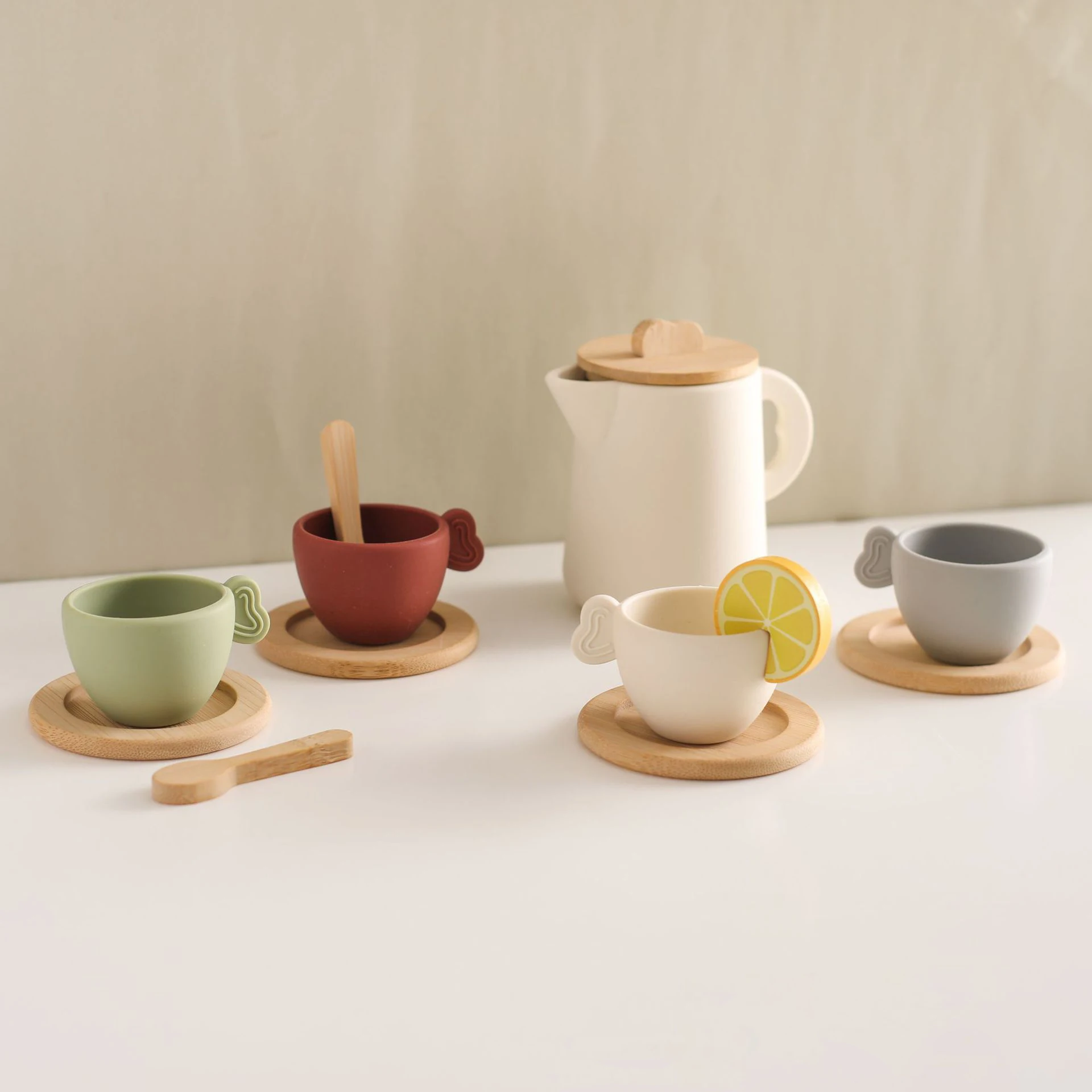 Educational Afternoon Tea Set for Kids Baby Wooden Coasters Food Grade Silicone Kitchen Toy DIY Play House Toy