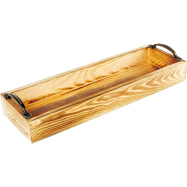 
Customizable Rustic Style Antique Burning Long Wooden Tray, Rectangular Tray with Handle 