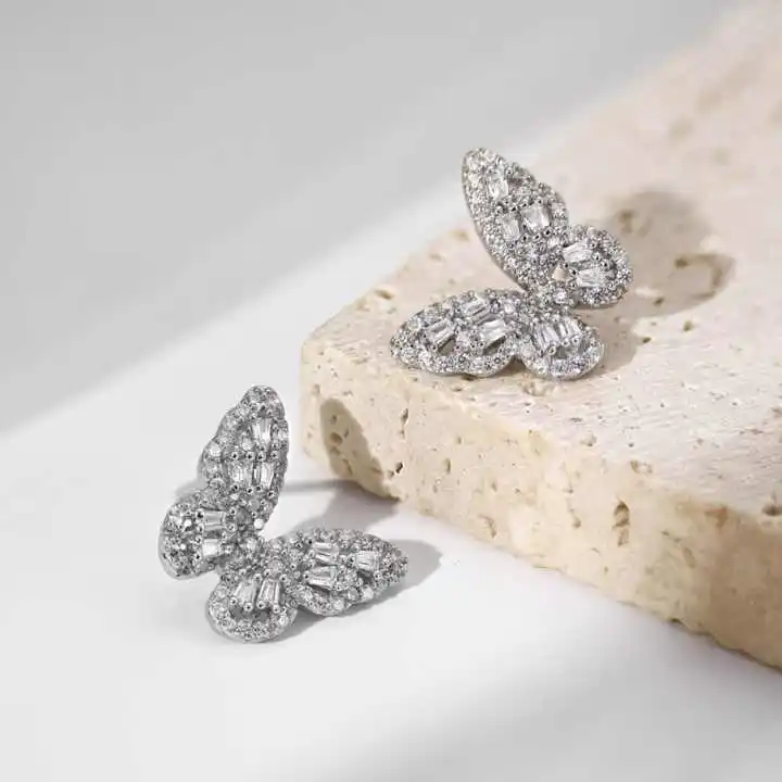 Wholesale Price 18k Gold Plated 925 Silver 5A Zircon Butterfly Earrings Silver Needle Allergy Free Fine Jewelry Women