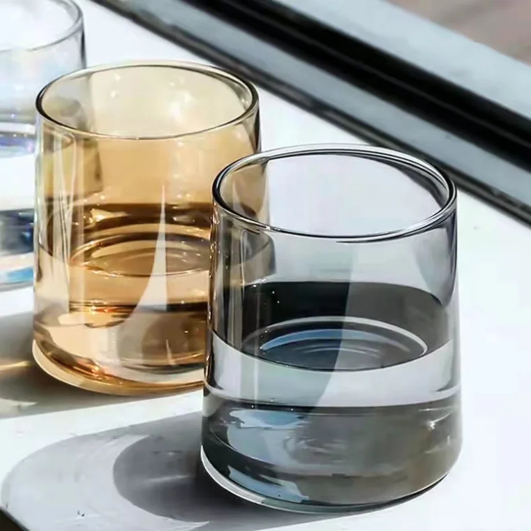 Custom Logo 4 Colors Clear Iridescent Amber Gray Slanted Glass Jars Luxury 6oz 8oz Glass Cups for Juice Water Whisky